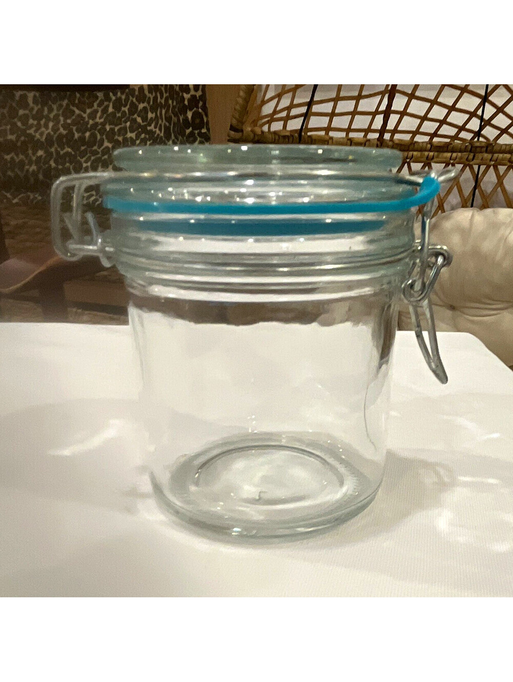 Clear Glass 1L Round Canning Jar Clamp Lid-Lock w/ Blue Gasket 6in H